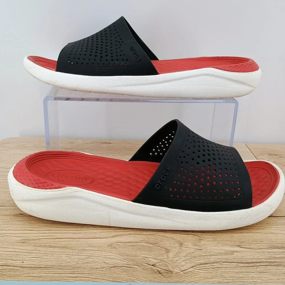 Crocs LiteRide Slide Mens 9 Black Red Pepper Athletic Comfort Sandals